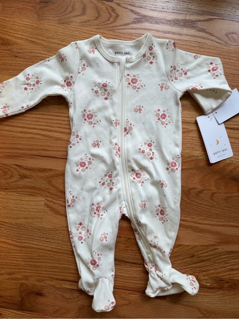 NWT Petit Lem Cream One-Piece Footed Pajamas with Pink Floral Print